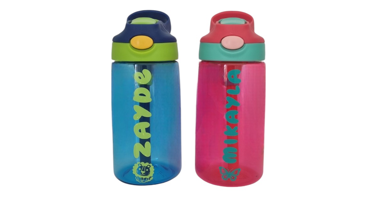 Colorful kids' water bottles with fun, personalized designs, featuring each child's name in bold. These bottles also have easy-to-use flip-top lids for quick sipping.